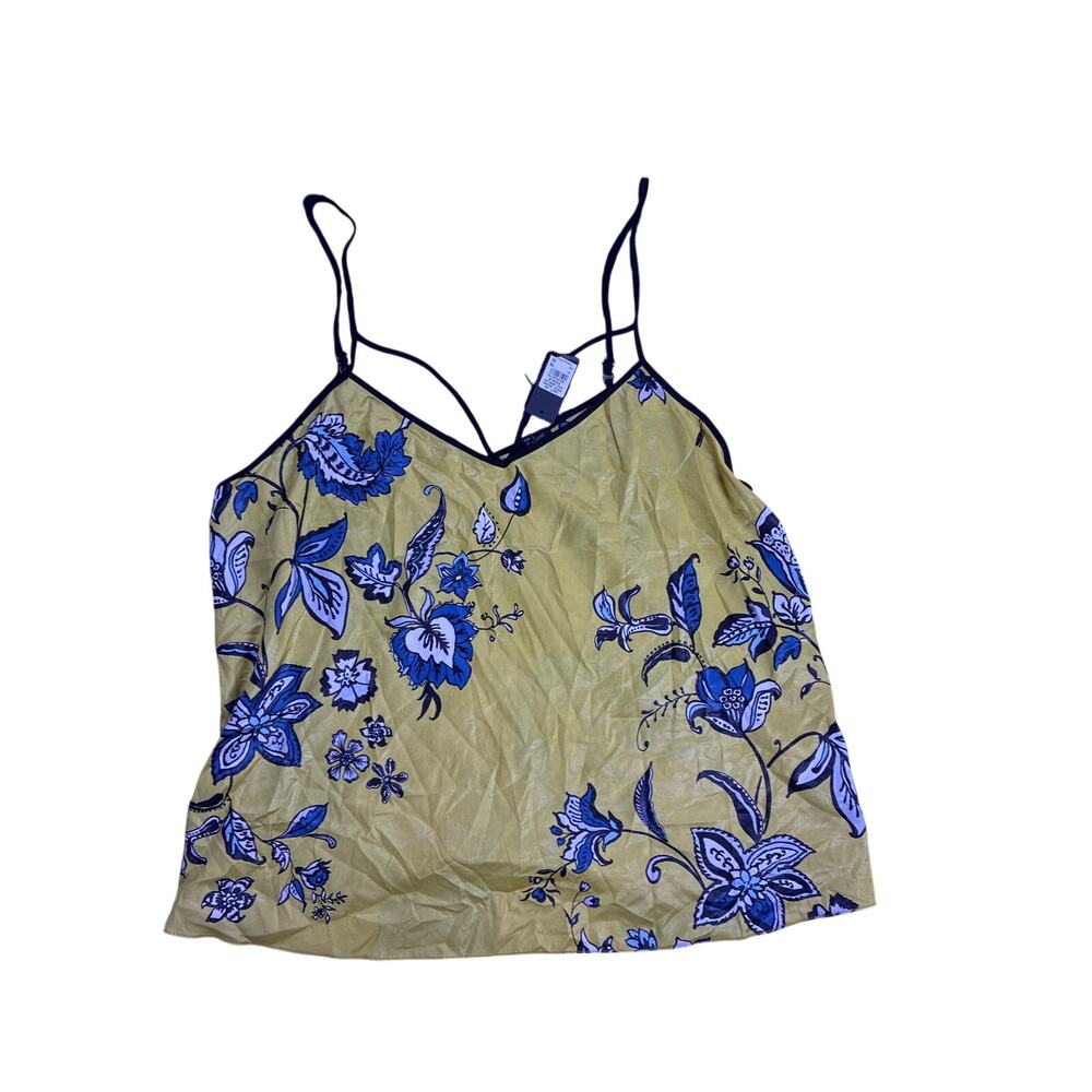 NWT Floral Tank Top Womens Large Yellow Blue Skinny Strap Blouse Cottagecore